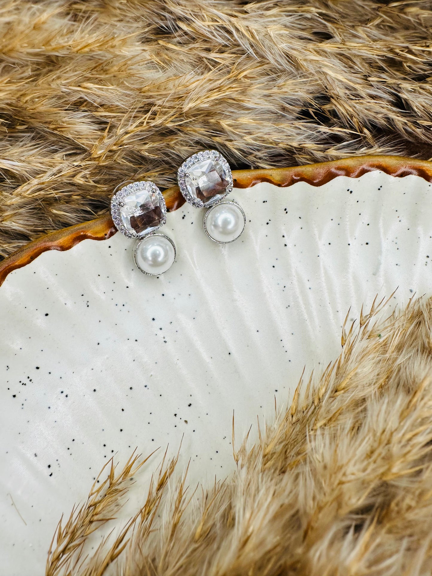 Partywear HeyBae Square Pearl & Stone AD Stud Earrings for women