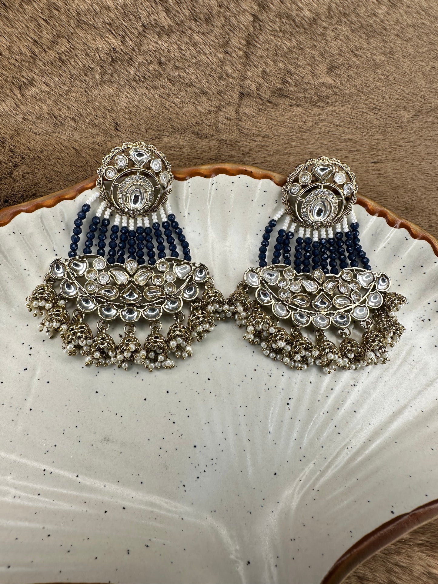 Side angle of HeyBae Blue Bead and Pearl Kundan Earrings