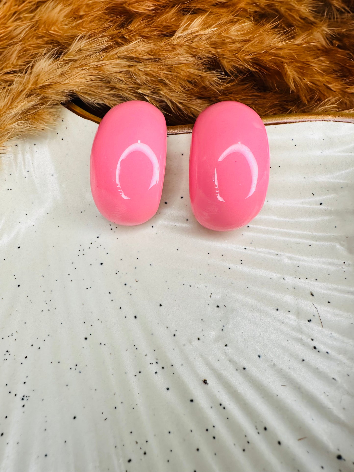 Close-up Detailing of HeyBae Pink Hoop Earrings with Glossy Finish