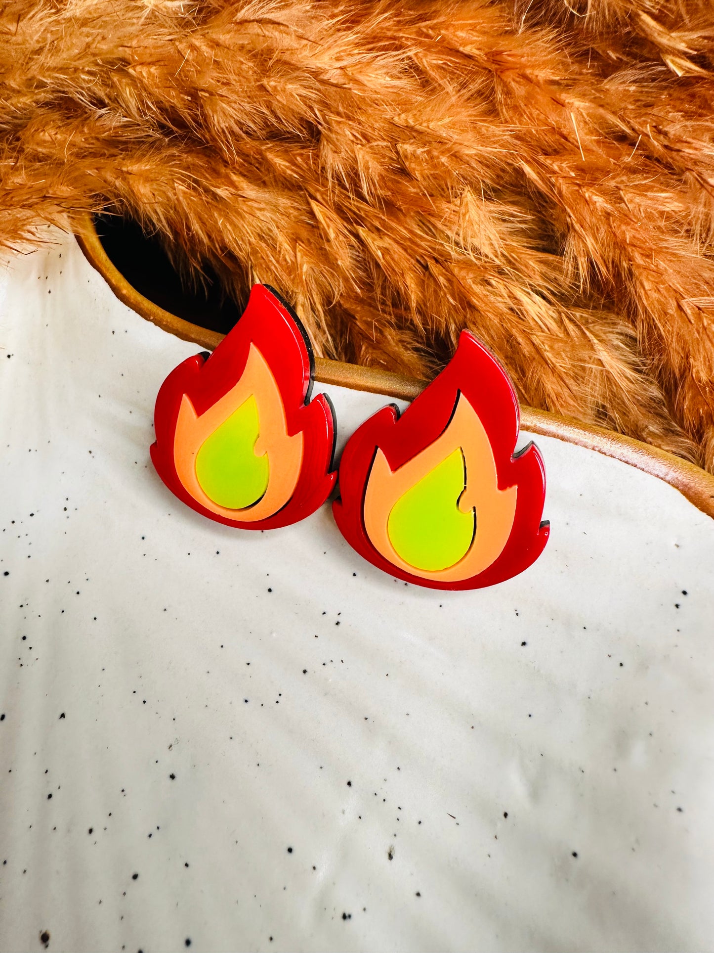 Close-up Detailing of HeyBae Funky Flame Earrings with Glossy Finish