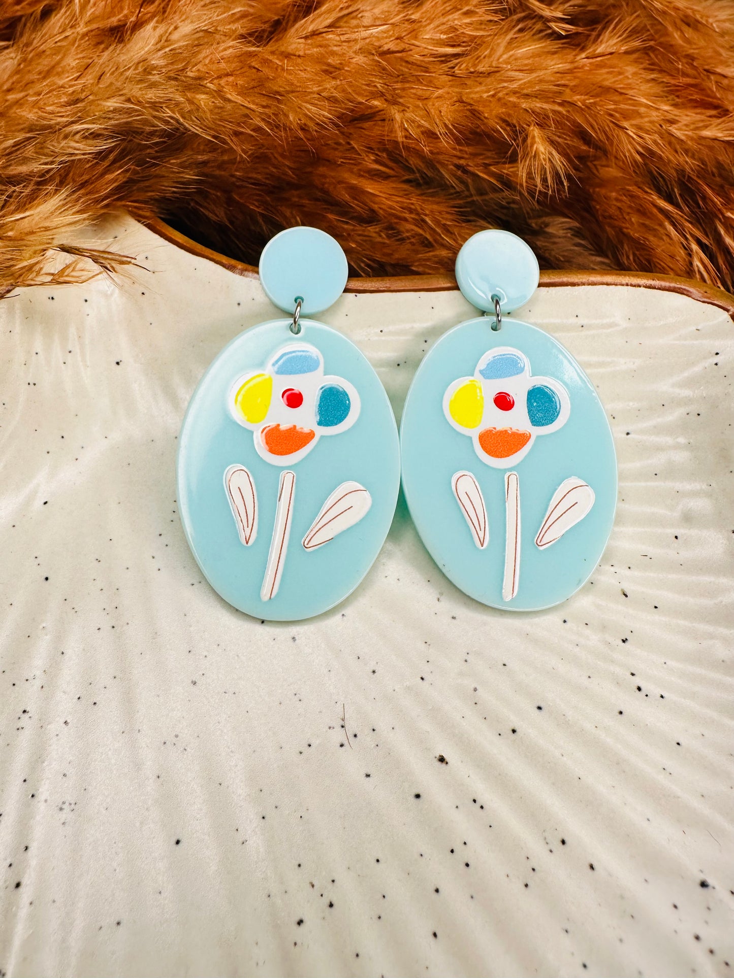 Close-up Detailing of HeyBae Floral Statement Earrings with Glossy Finish