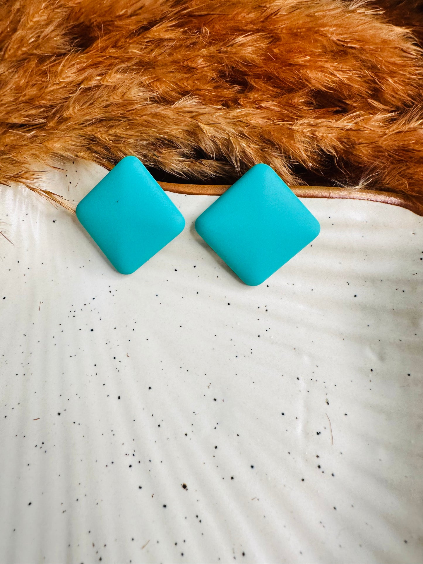 Close-up Detailing of HeyBae Quirky Square Earrings with Glossy Finish