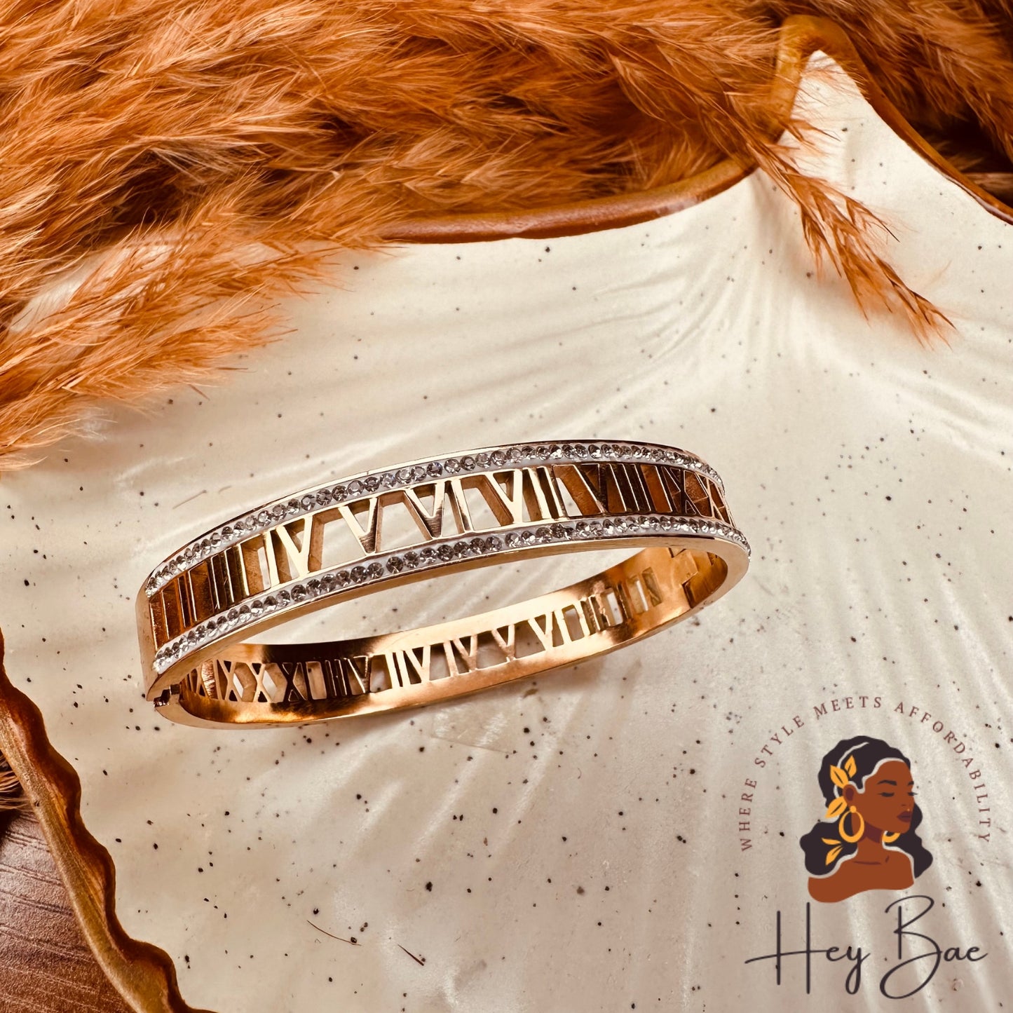 Close-up of HeyBae Roman Numbers Kada with elegant engraved numerals and gold plated finish