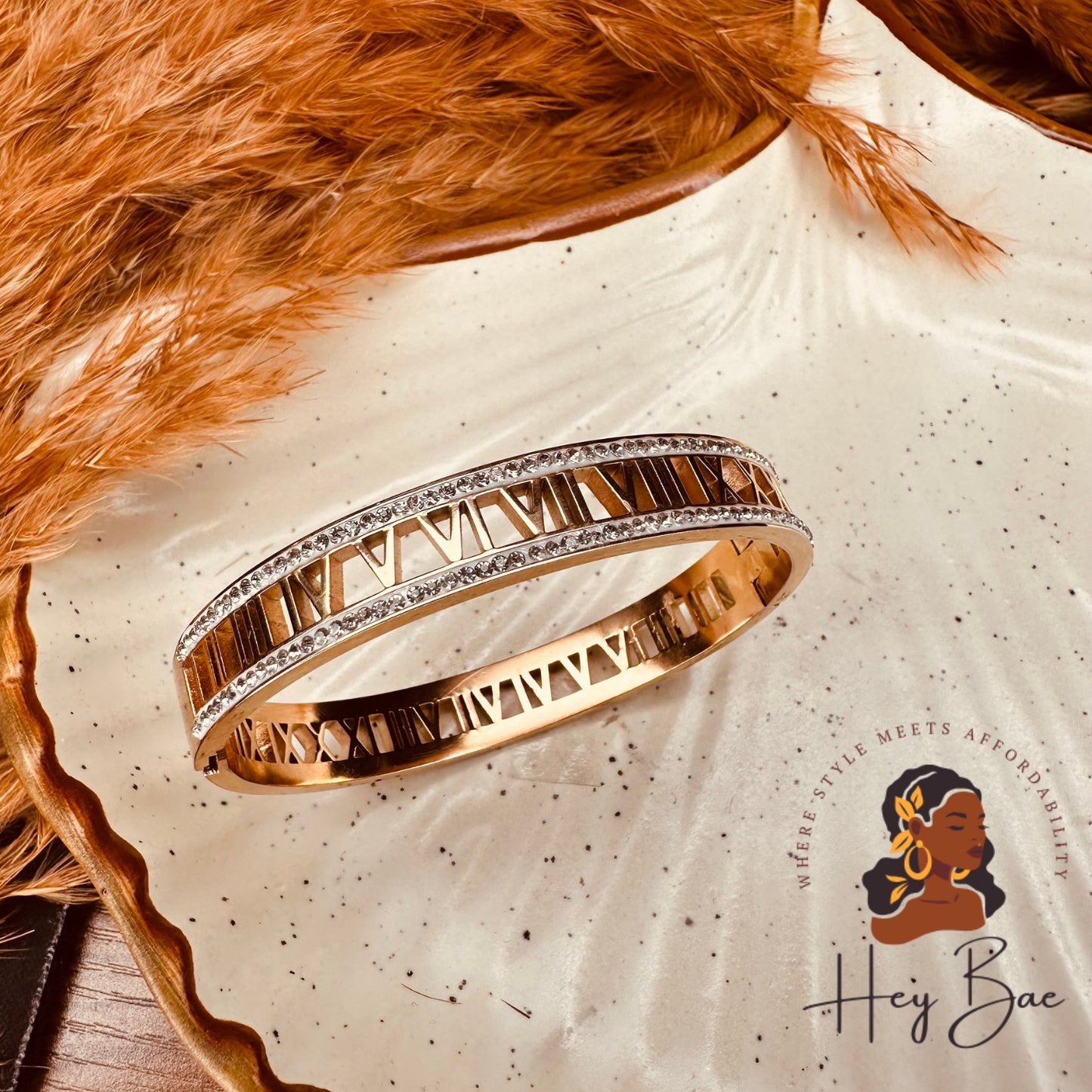 HeyBae Anti-Tarnish Roman Numbers Kada – Stainless Steel Gold Plated Bracelet for Women Main View