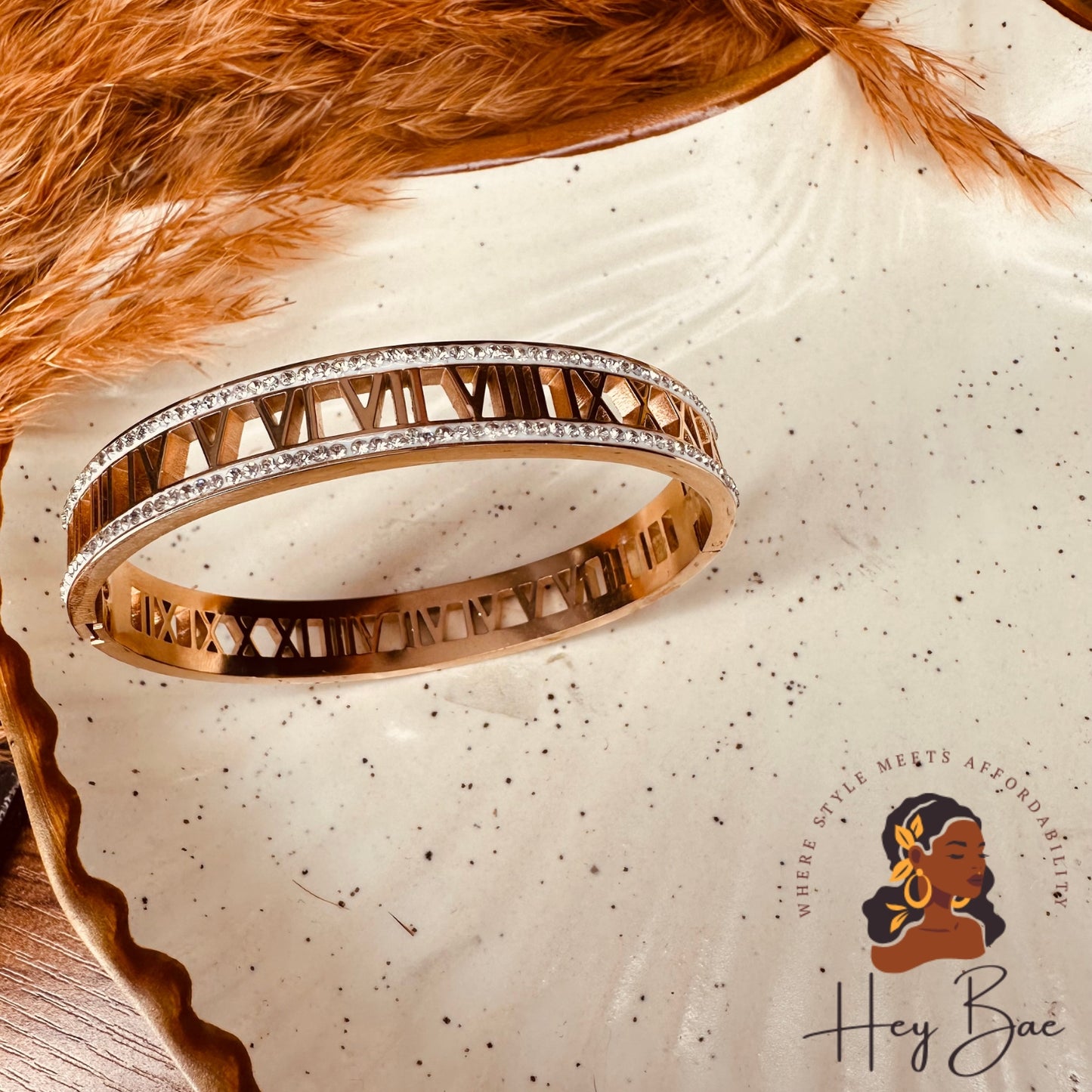 HeyBae Roman Numbers Kada styled on wrist – timeless gold plated bracelet for women