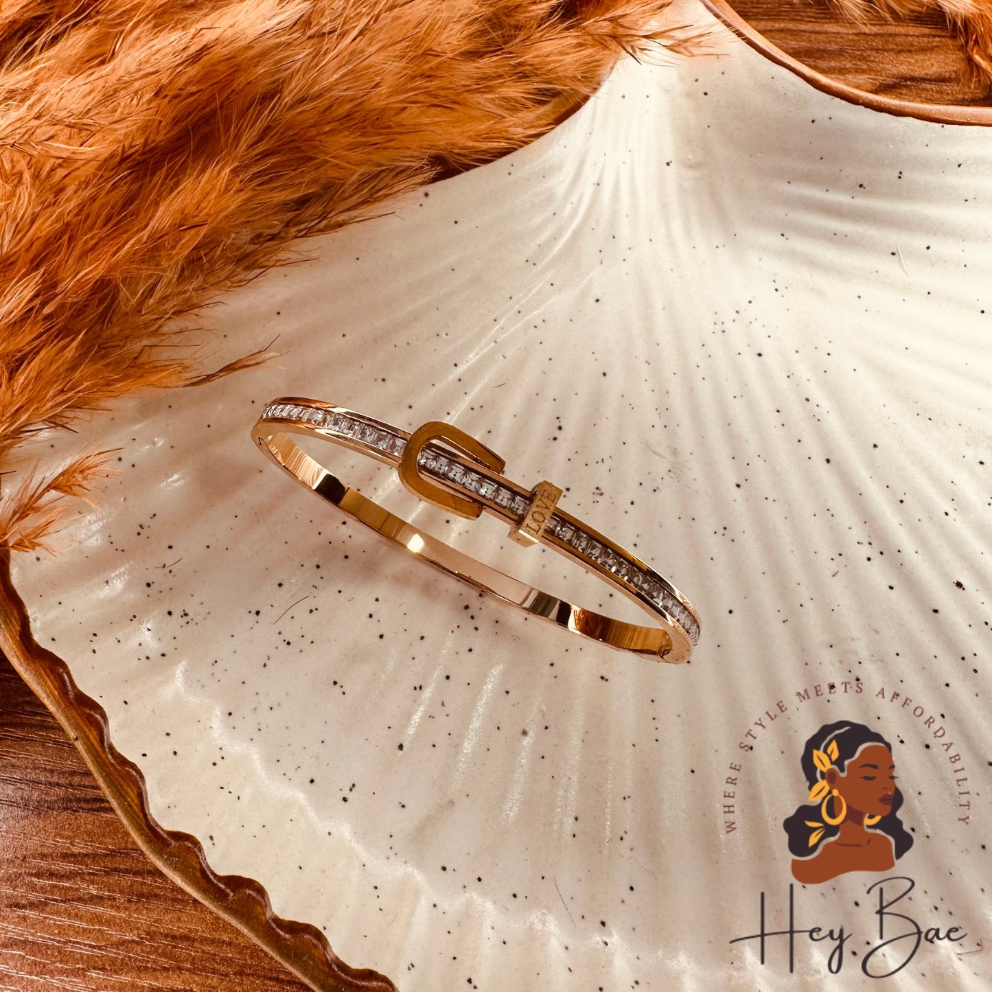 Close-up of HeyBae Rose Gold American Diamond Bangle with sparkling AD stones