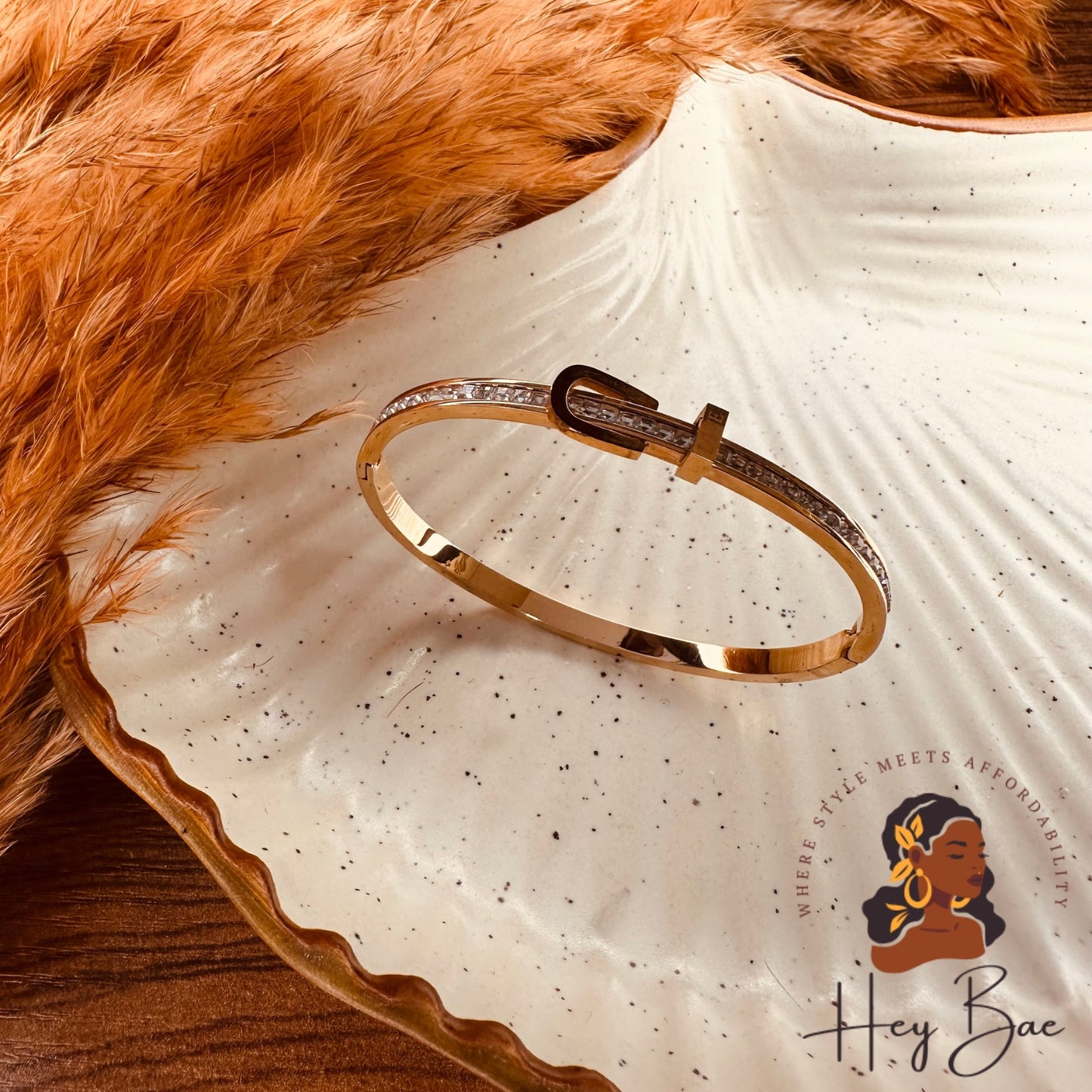 Side view of HeyBae Rose Gold American Diamond Bangle with AD stones for women