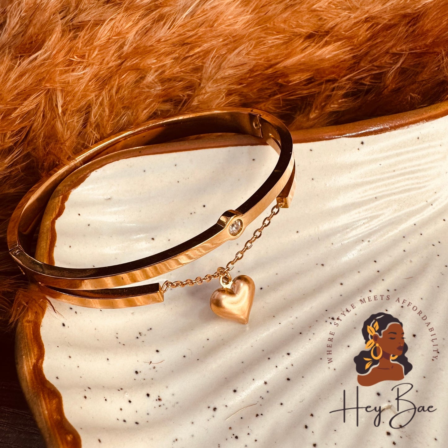 Front view of HeyBae Rose Gold Heart Charm Bracelet – anti-tarnish stainless steel jewelry for women