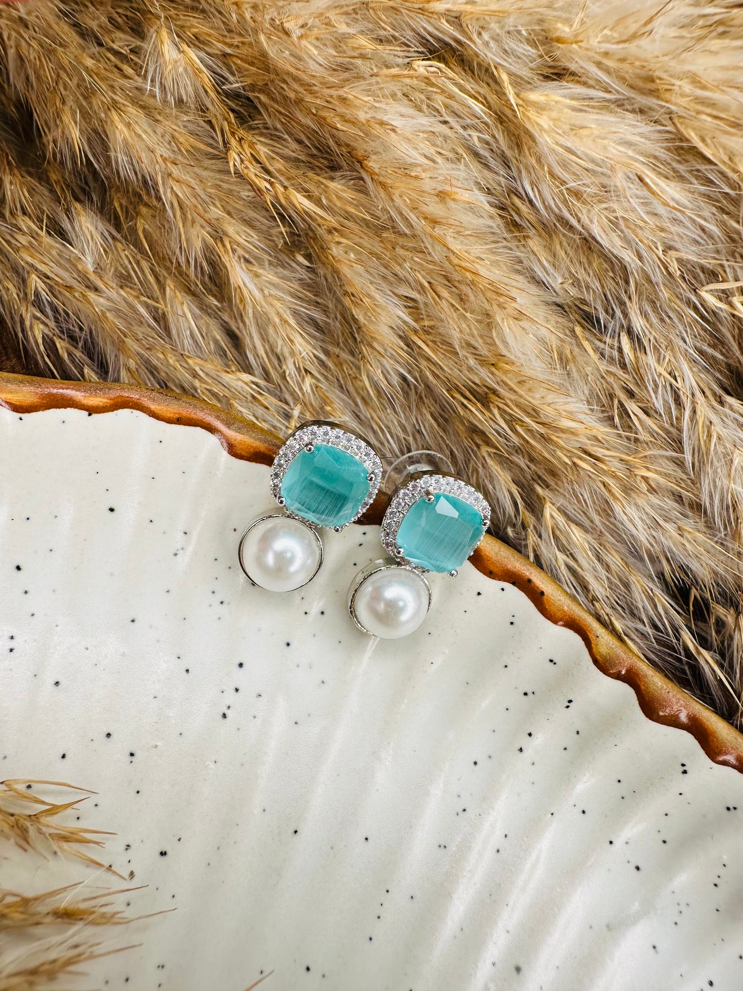 Stylish HeyBae AD Stud Earrings with square pearl & stone detailing