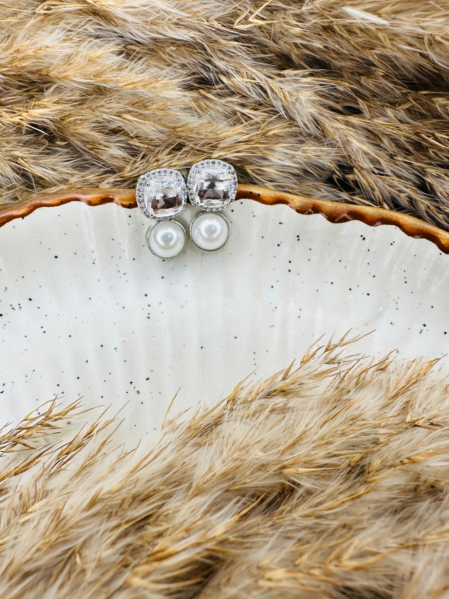 Elegant HeyBae Square Pearl & Stone AD Stud Earrings for women