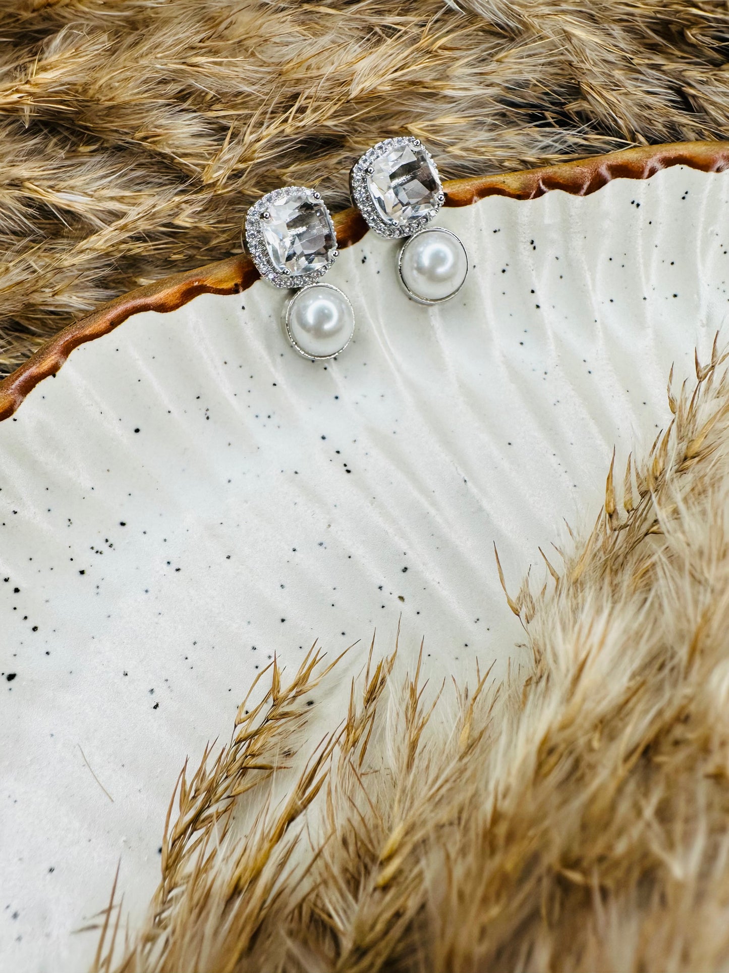 Traditional ethnic style HeyBae Square Stone & Pearl AD Stud Earrings
