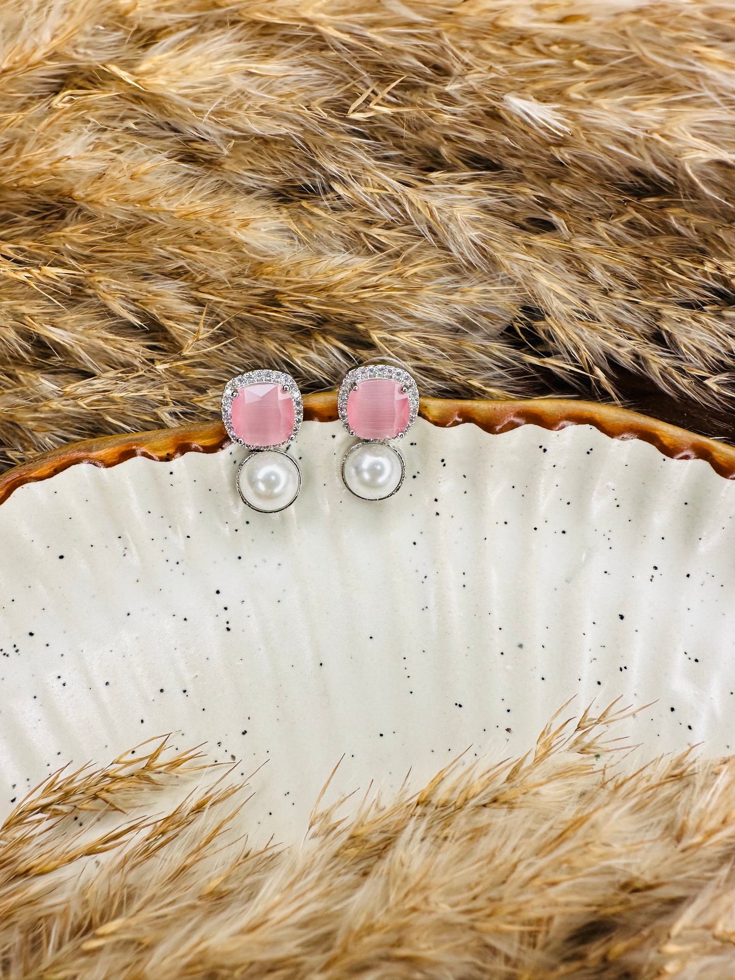 Detailed view of HeyBae Square Stone & Pearl AD Stud Earrings
