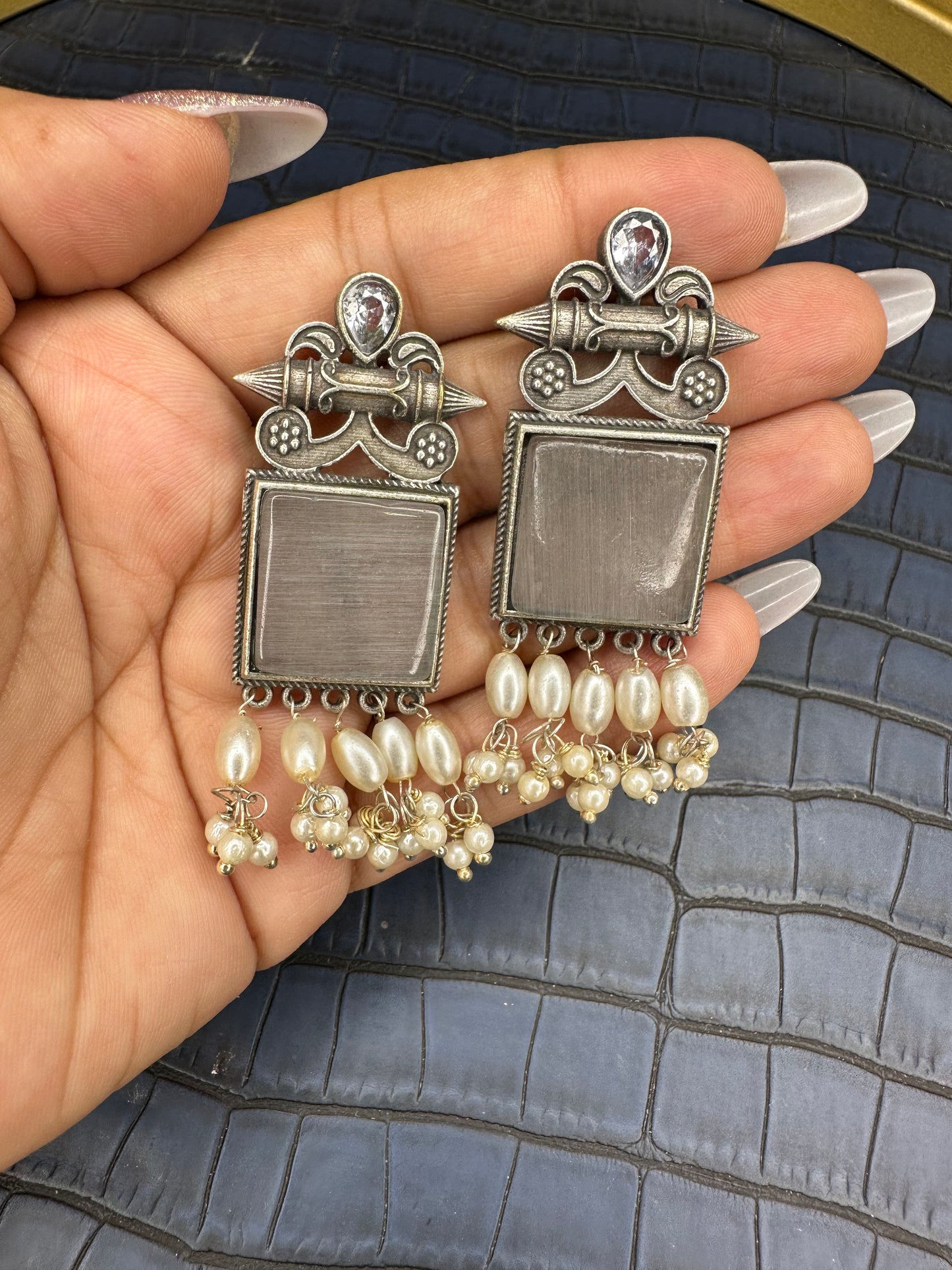 Close-up Detailing of HeyBae Oxidised Earrings with Antique Finish