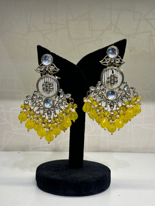 Close-up Detailing of HeyBae Pearl & Yellow Bead Kundan Earrings with Intricate Work