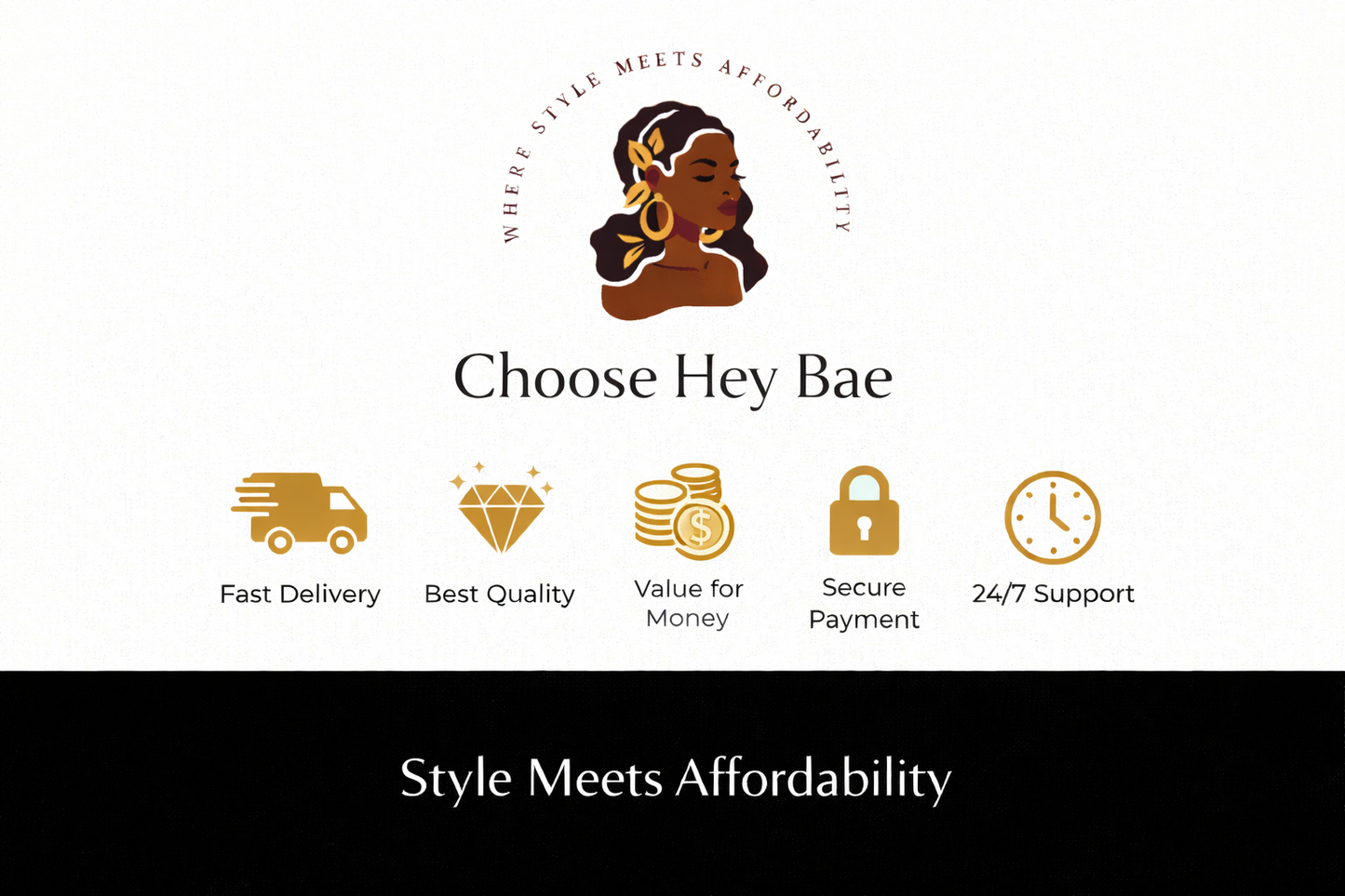 Promotional graphic for 'Choose Hey Bae' with brand logo and values on a white background.