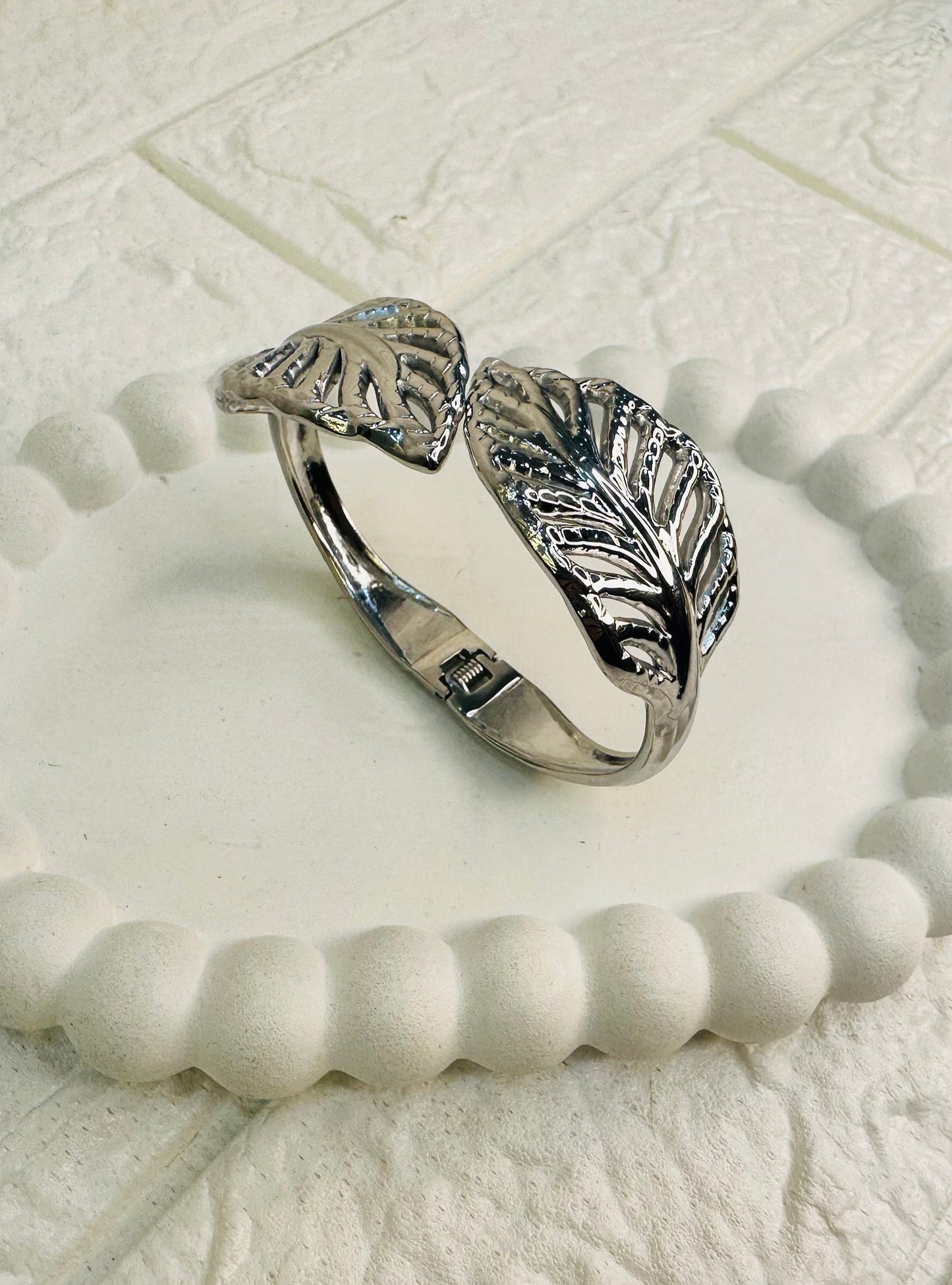 Silver leaf motif bangle bracelet gift for her