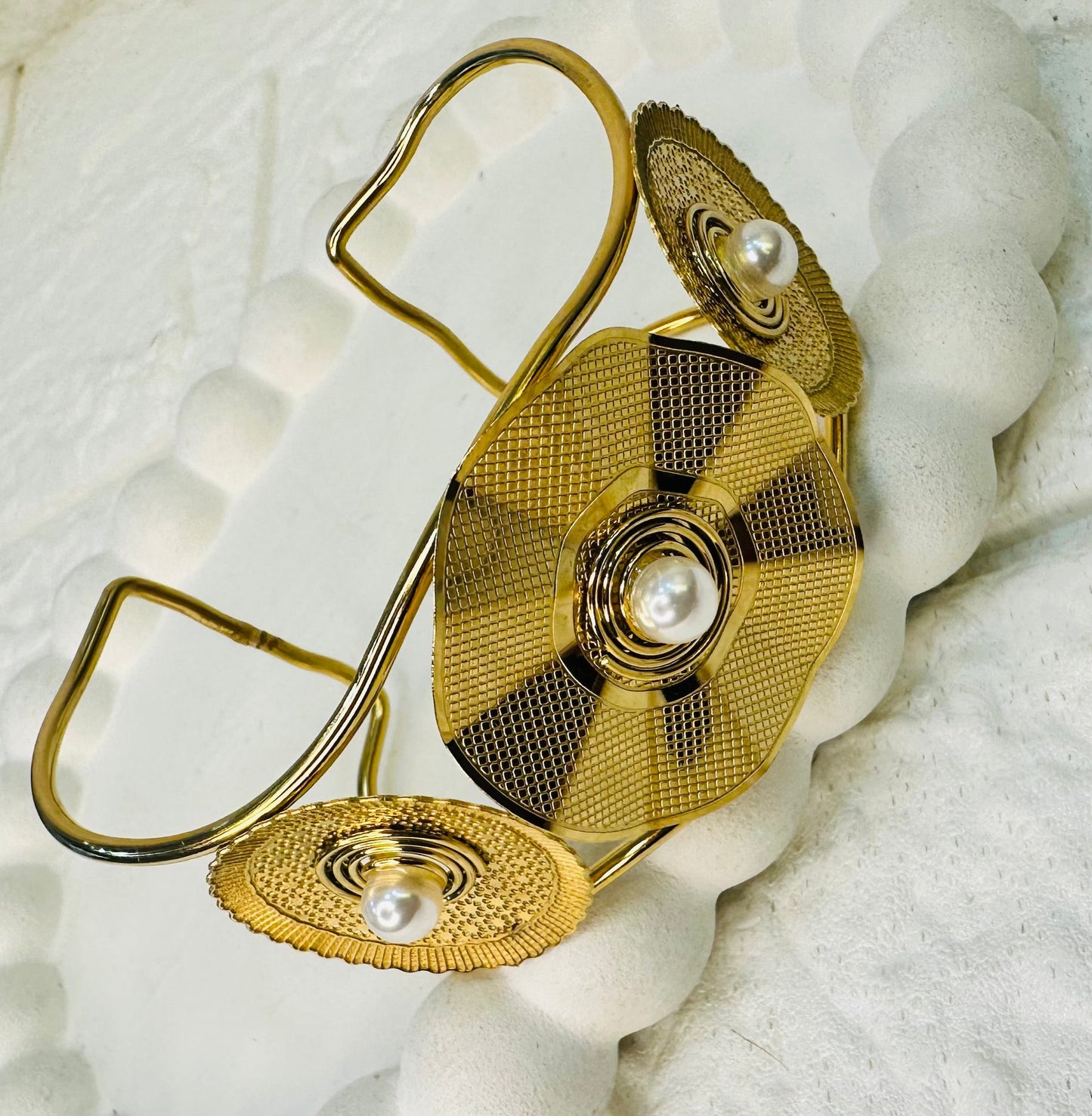 Gold pearl cuff bracelet for women, perfect for weddings and parties