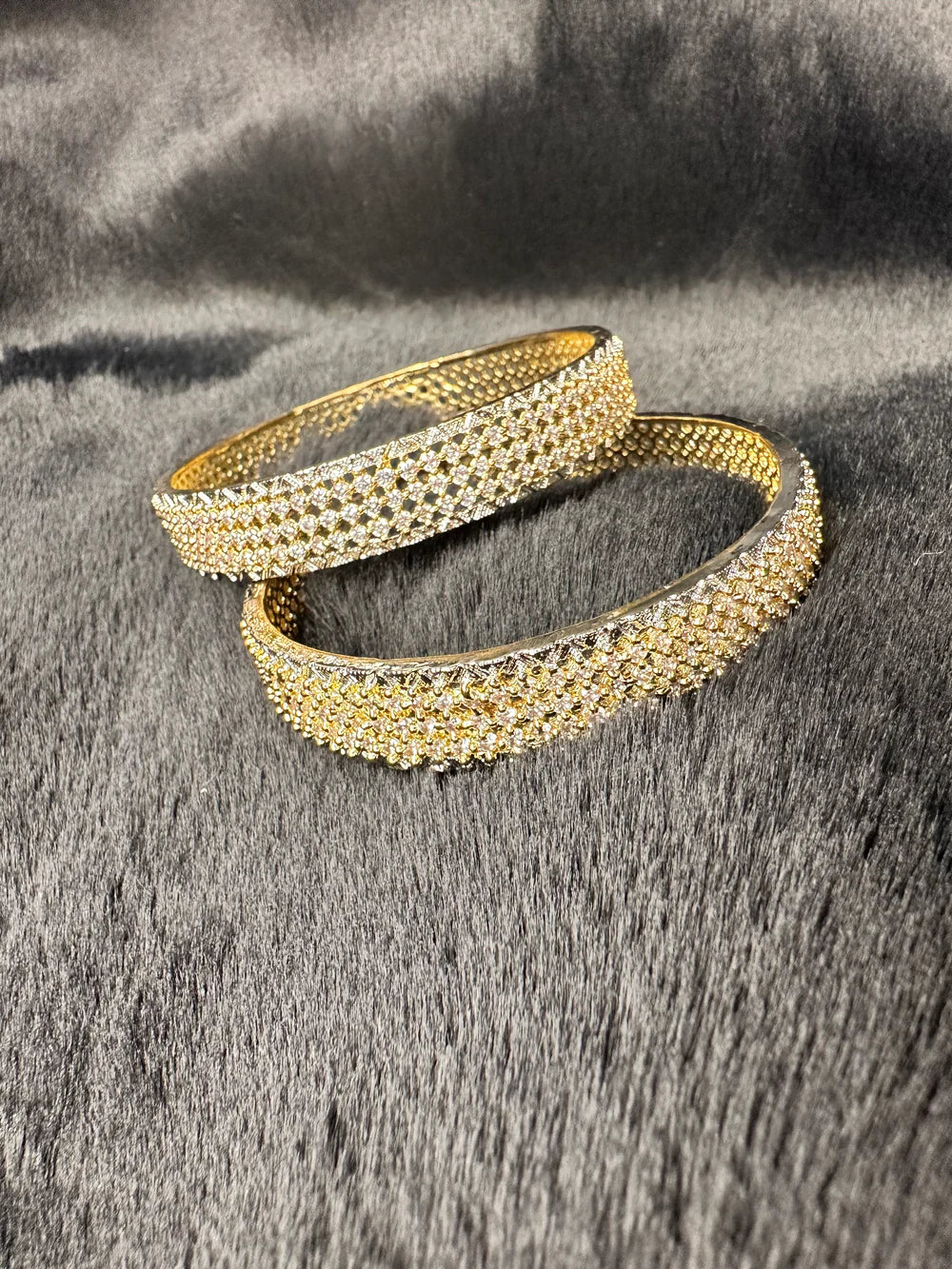 American diamond (AD) bangle for women with sparkling cubic zirconia and geometric motifs in rose gold finish—luxury party, bridal, or ethnic statement jewellery from Hey Bae.