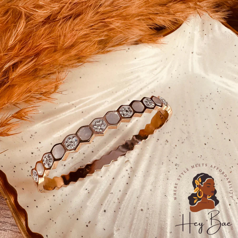 Rose gold ethnic bangle for women with faceted crystal hexagon motifs and diamond accents—traditional Indian jewellery, handcrafted for festive, bridal, or wedding wear; elegant cultural design from Hey Bae