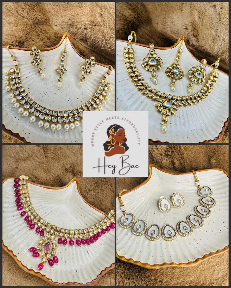 Traditional Indian ethnic necklace sets with kundan, pearls, and detailed craftsmanship