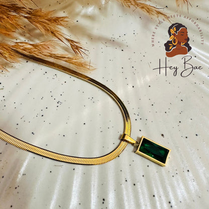 HeyBae Anti Tarnish Green Emerald Stone Gold Plated Chain for Women & Girls