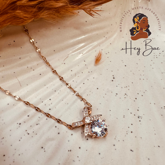 HeyBae Anti Tarnish American Diamond Crystal Solitaire Bow Pendant & Chain Set