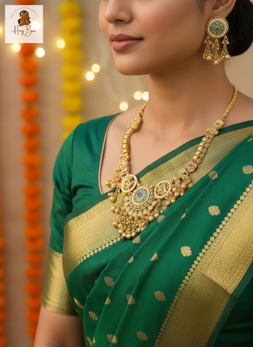 Woman wearing a green saree with gold border and jewelry, with decorative lights in the background.