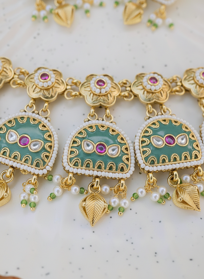 Gold and green jewelry piece with pink stones on a light background