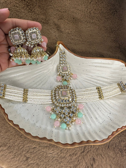 Hey Bae Pastel Pink & Mint Kundan Pearl Choker Set with Maang Tikka & Earrings – Handcrafted Ethnic Gold Plated Multicolor Jewelry