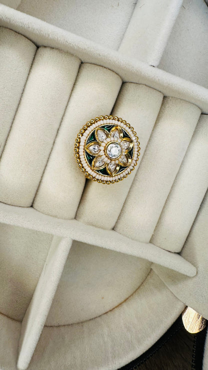 Adjustable gold kundan lotus ring