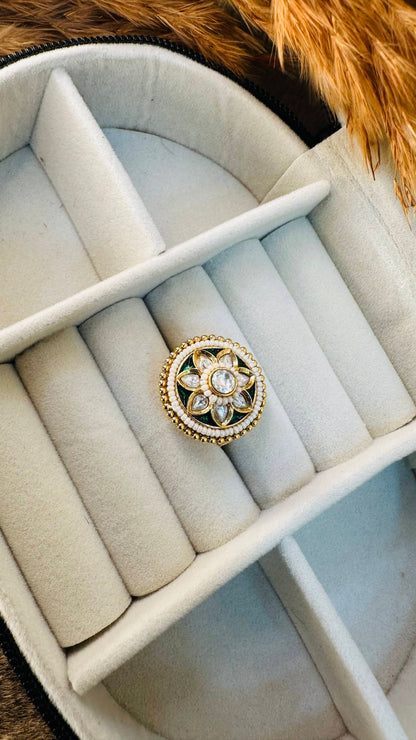 Green enamel gold lotus kundan ring
