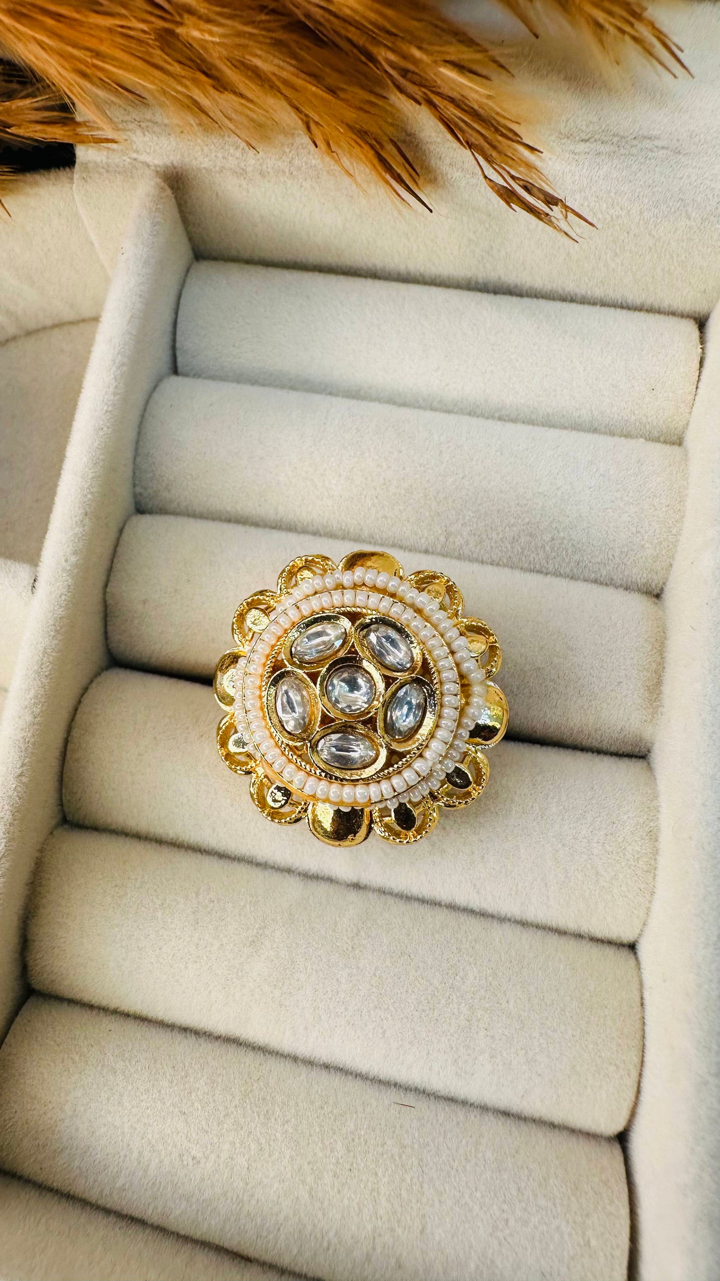 Gold pearl kundan floral statement ring