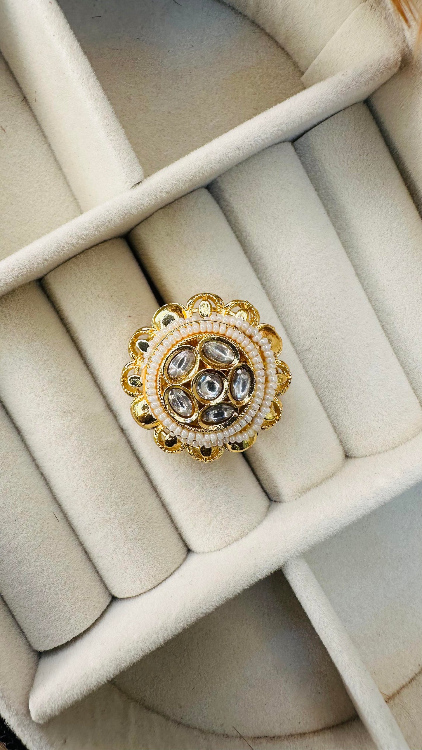 Large gold kundan pearl ring
