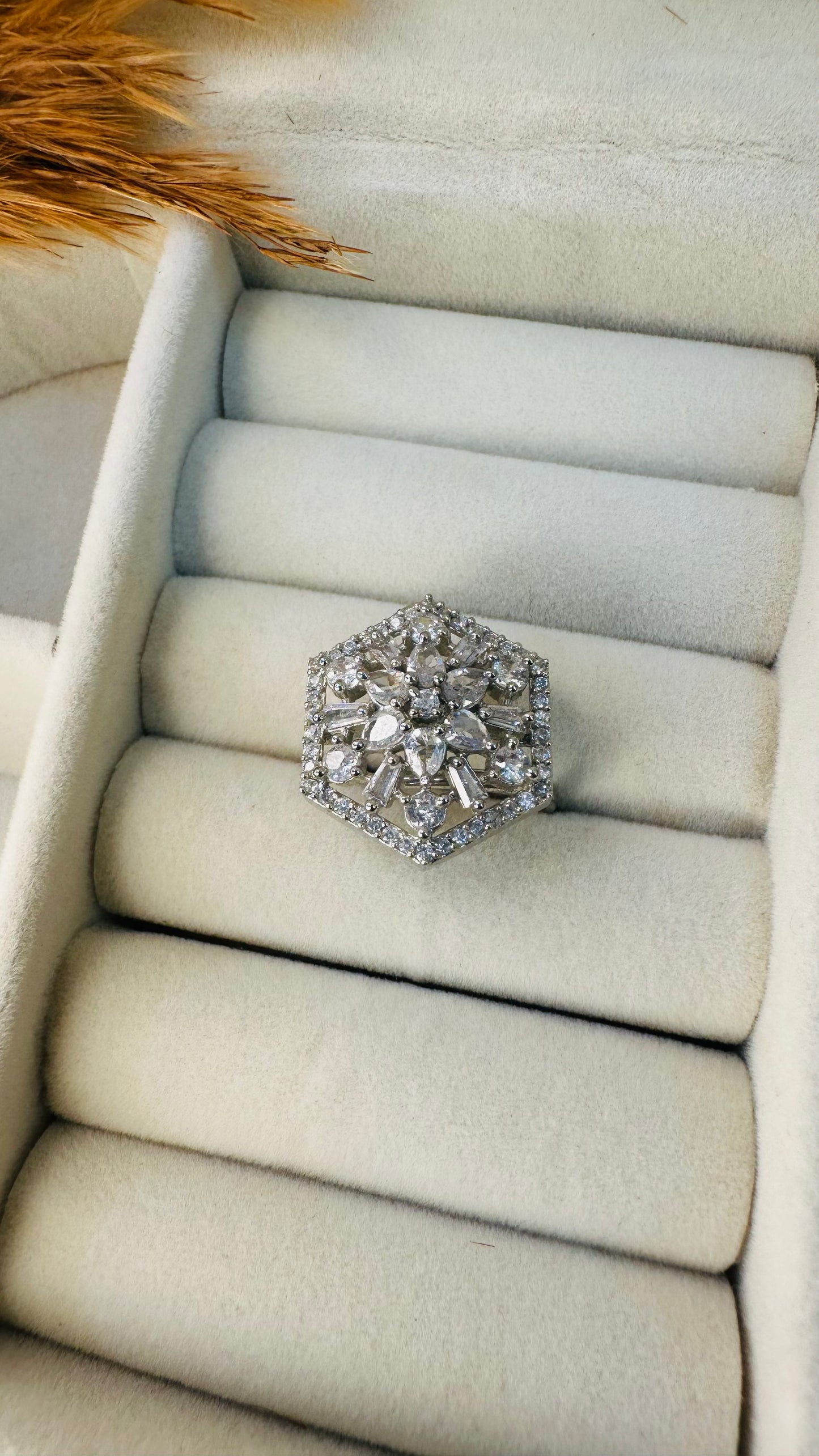 Hey Bae Hexagon American Diamond Cluster Ring – Silver-Tone Statement Cocktail Jewelry