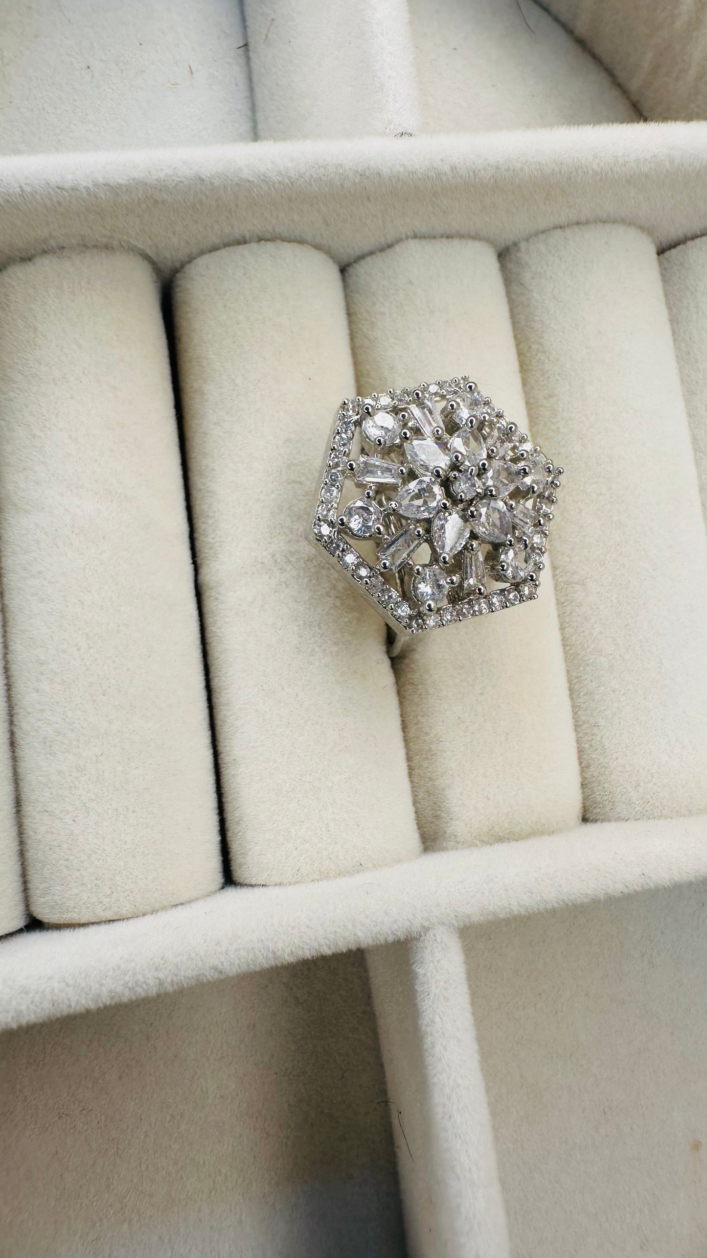 Hey Bae Hexagon American Diamond Cluster Ring – Silver-Tone Statement Cocktail Jewelry