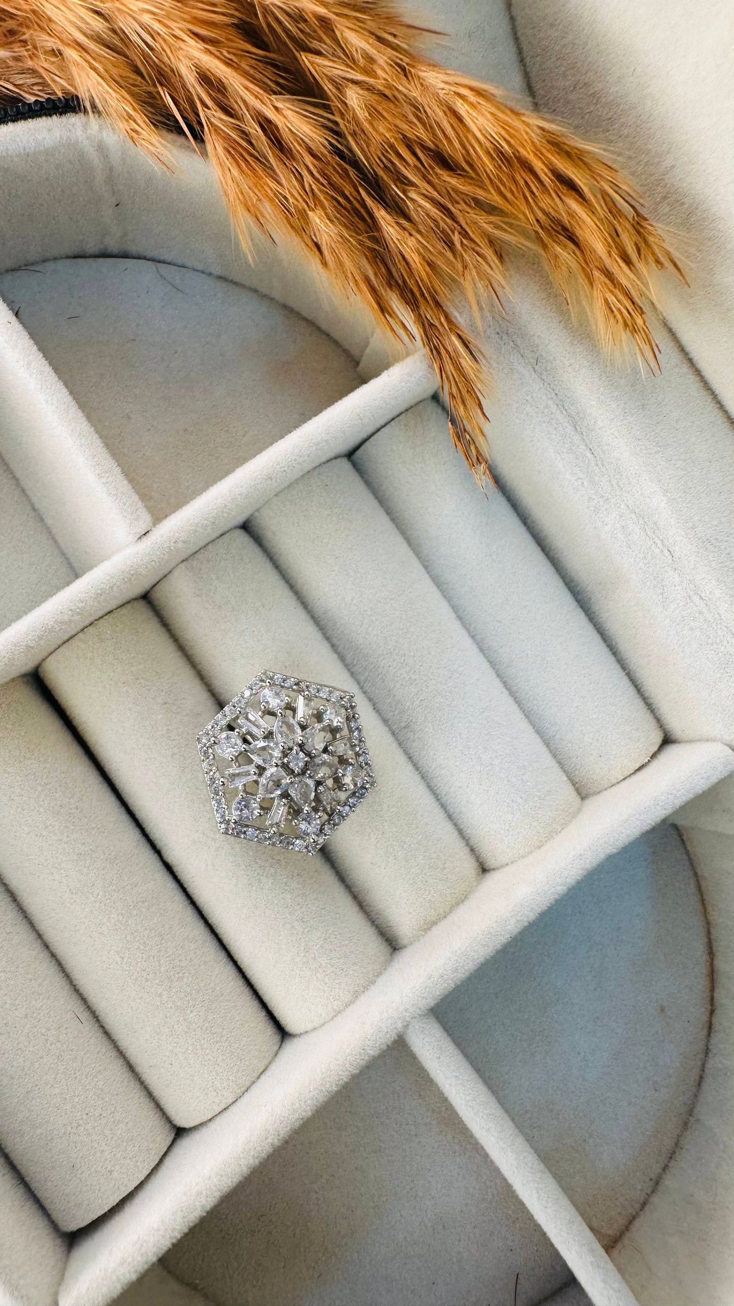 Hey Bae Hexagon American Diamond Cluster Ring – Silver-Tone Statement Cocktail Jewelry