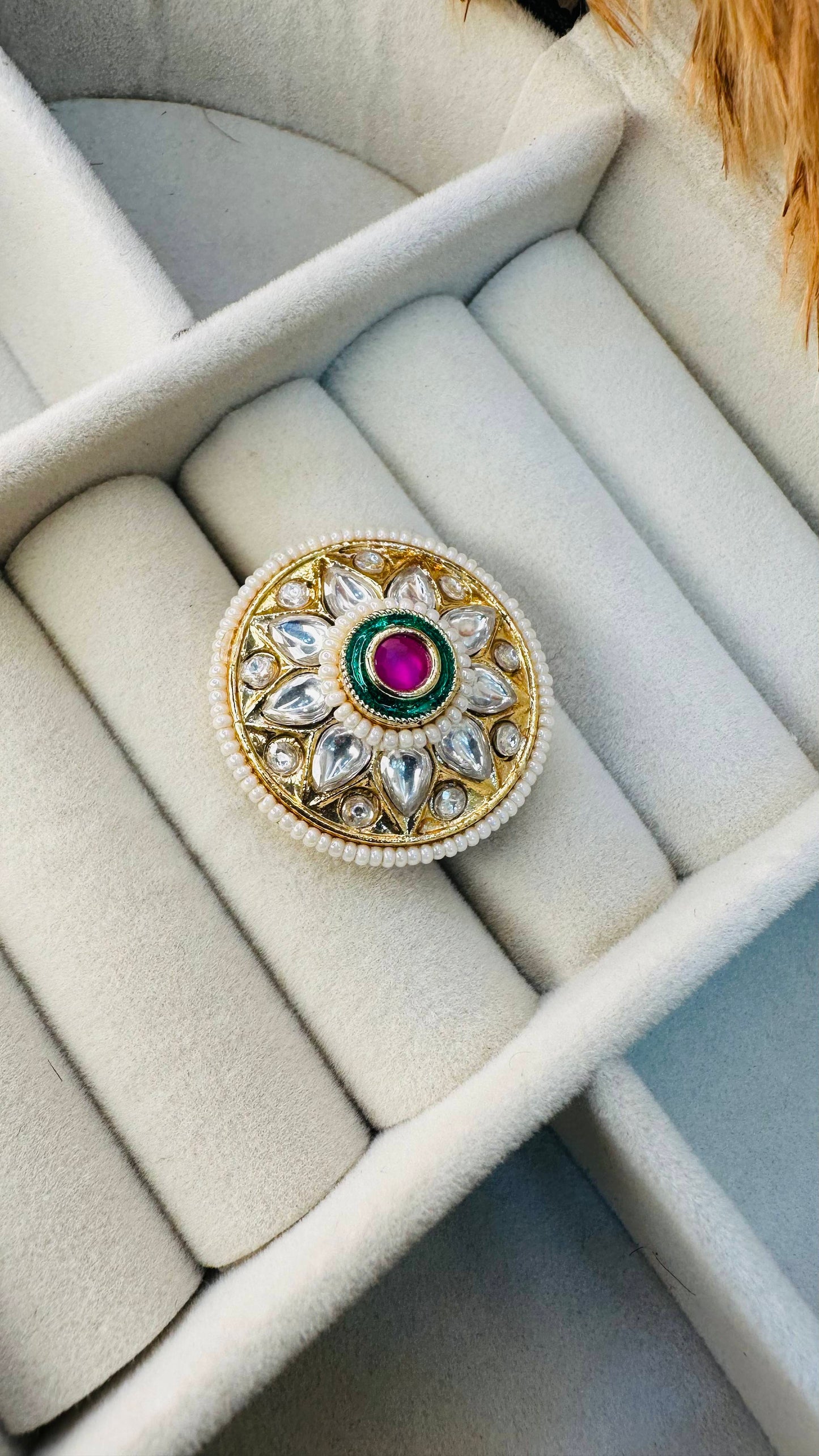 Hey Bae Round Kundan Polki Cocktail Ring – Adjustable Gold-Plated Statement Ethnic Jewelry