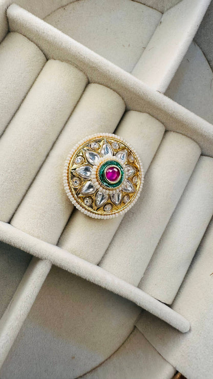 Hey Bae Round Kundan Polki Cocktail Ring – Adjustable Gold-Plated Statement Ethnic Jewelry