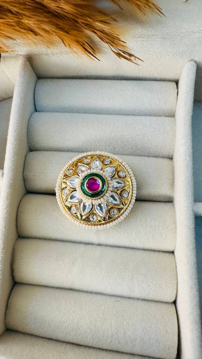 Hey Bae Round Kundan Polki Cocktail Ring – Adjustable Gold-Plated Statement Ethnic Jewelry