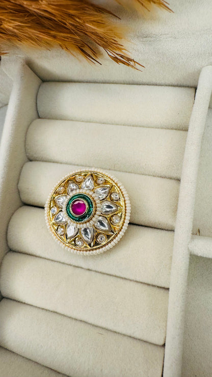 Hey Bae Round Kundan Polki Cocktail Ring – Adjustable Gold-Plated Statement Ethnic Jewelry