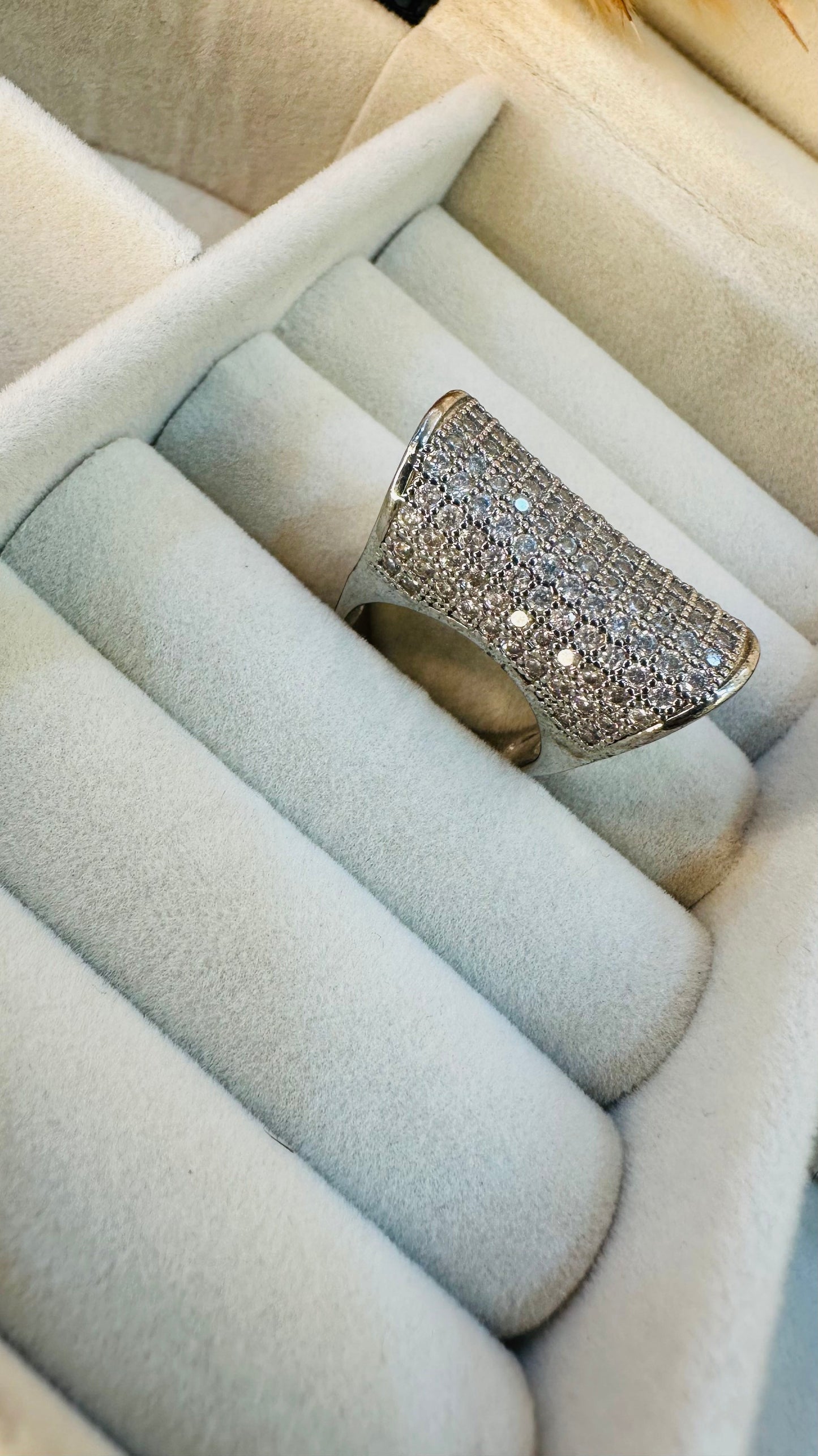 Wide sterling silver band CZ cocktail ring
