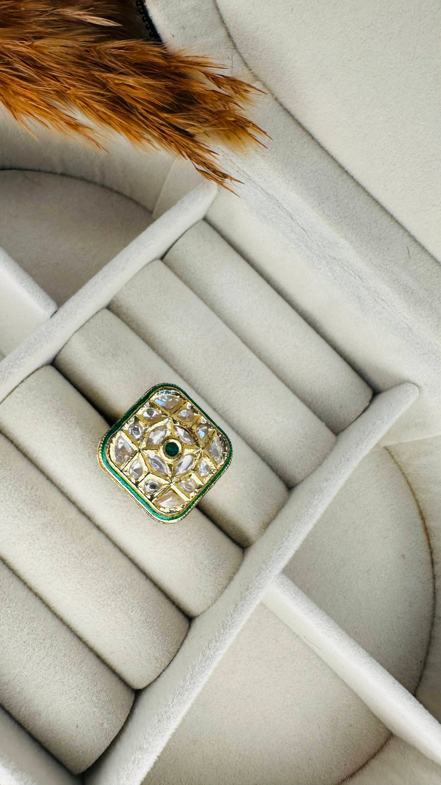 Green enamel square kundan cocktail ring