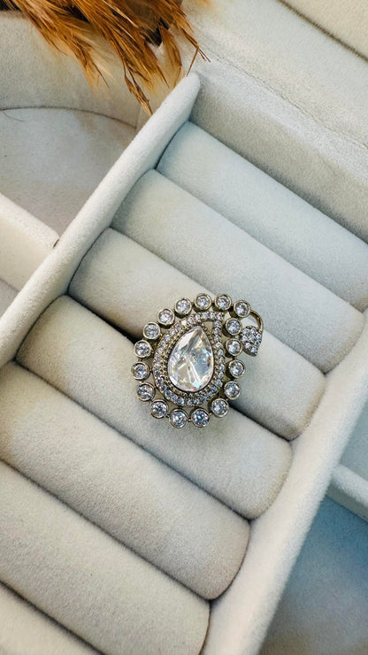 Angle view halo teardrop CZ party ring