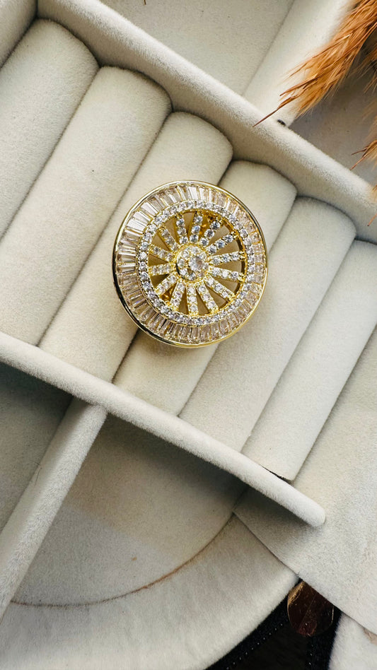 Luxury gold party round CZ statement ring