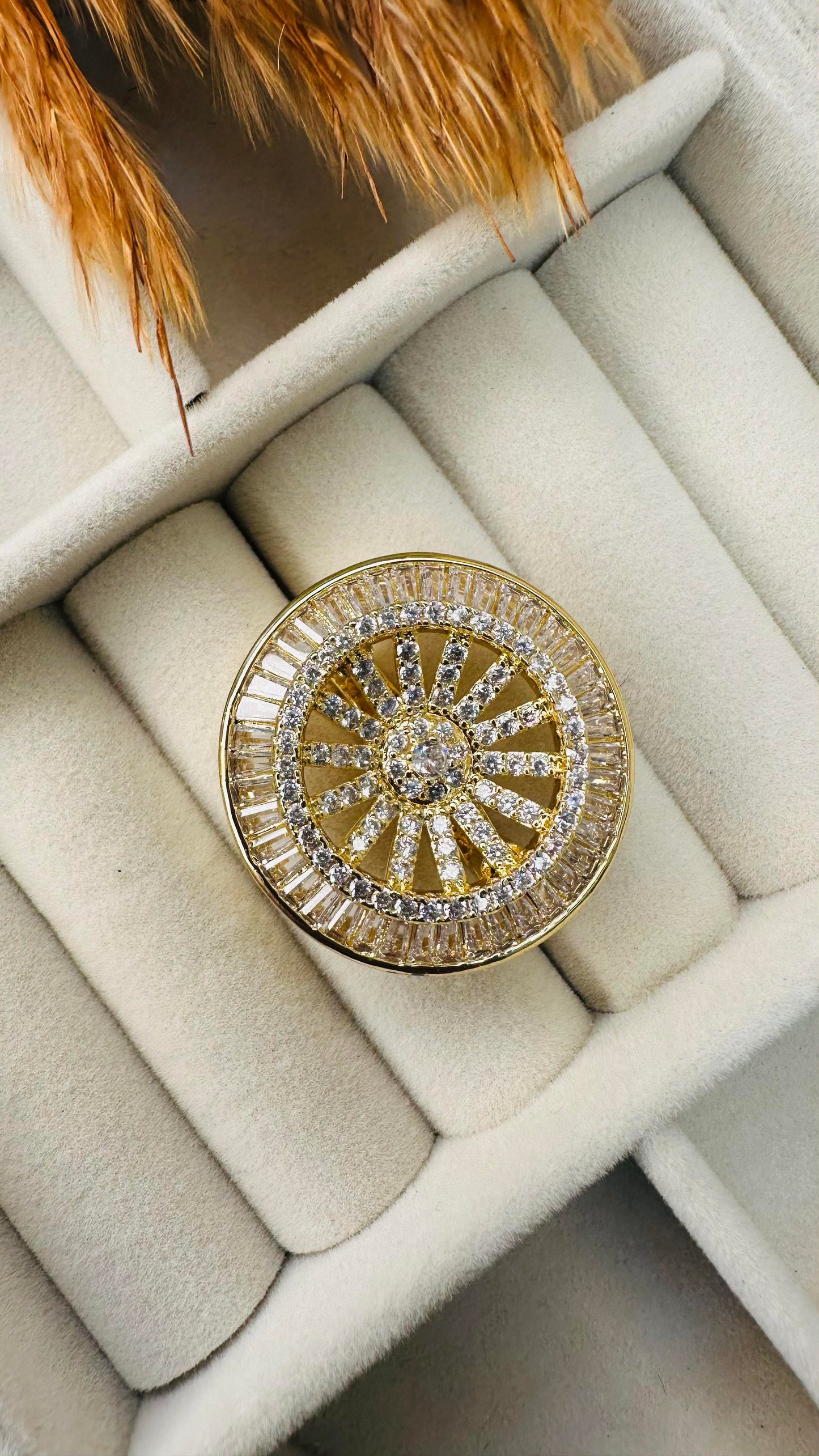 Bold gold sunburst festive round ring