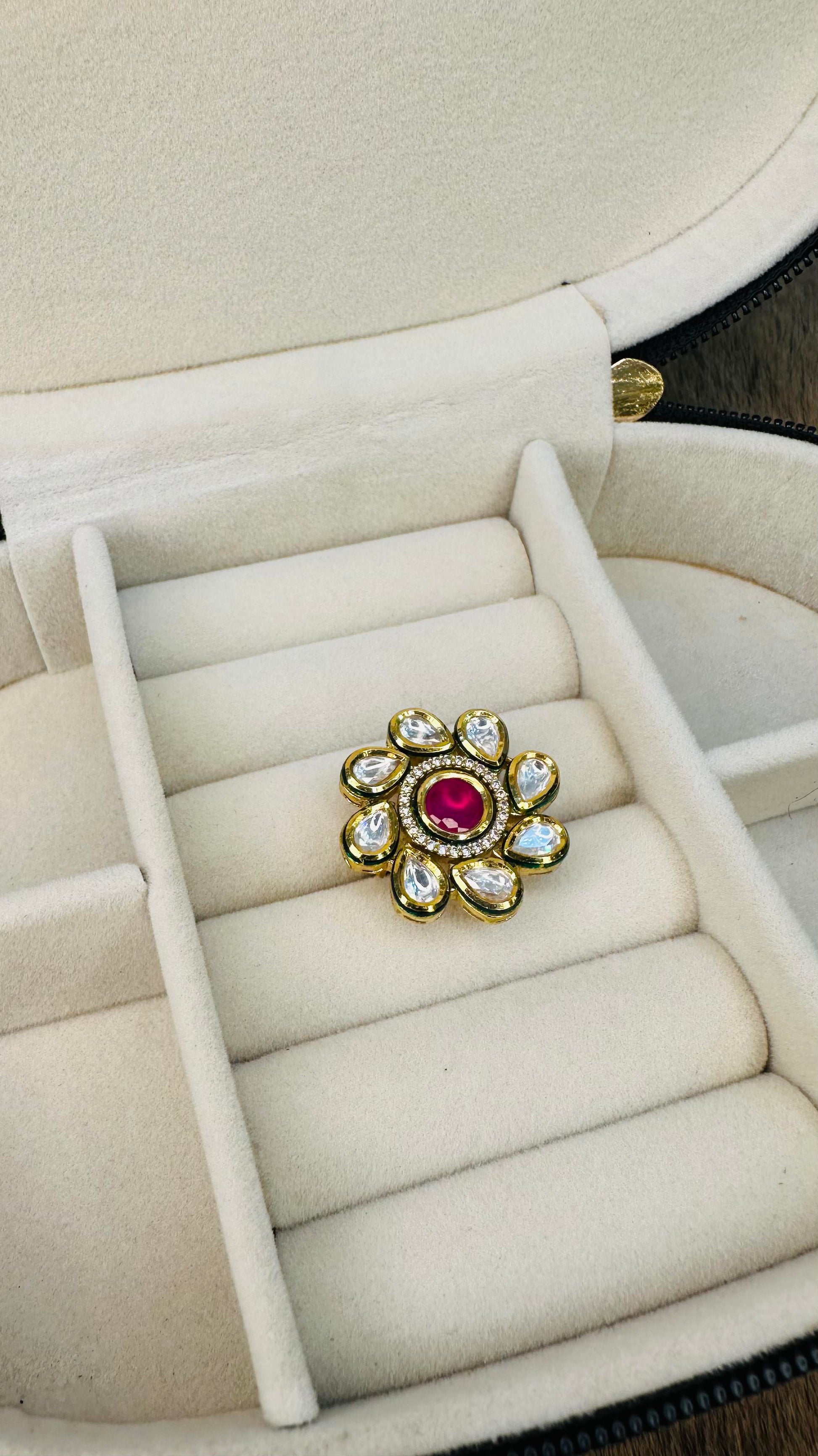 Oversized ruby kundan petal cocktail ring
