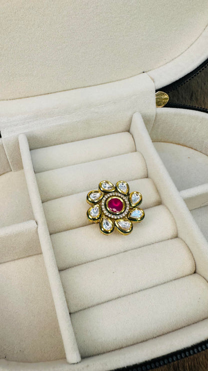 Oversized ruby kundan petal cocktail ring