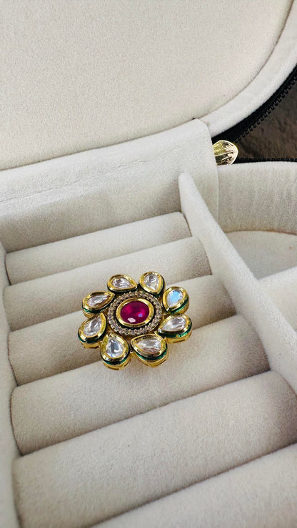 Bridal polki petal floral ring with CZ halo