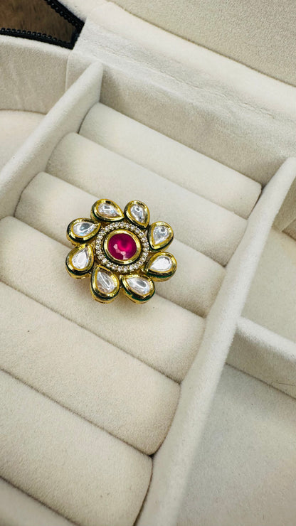 Heritage kundan pink petal oversized ring
