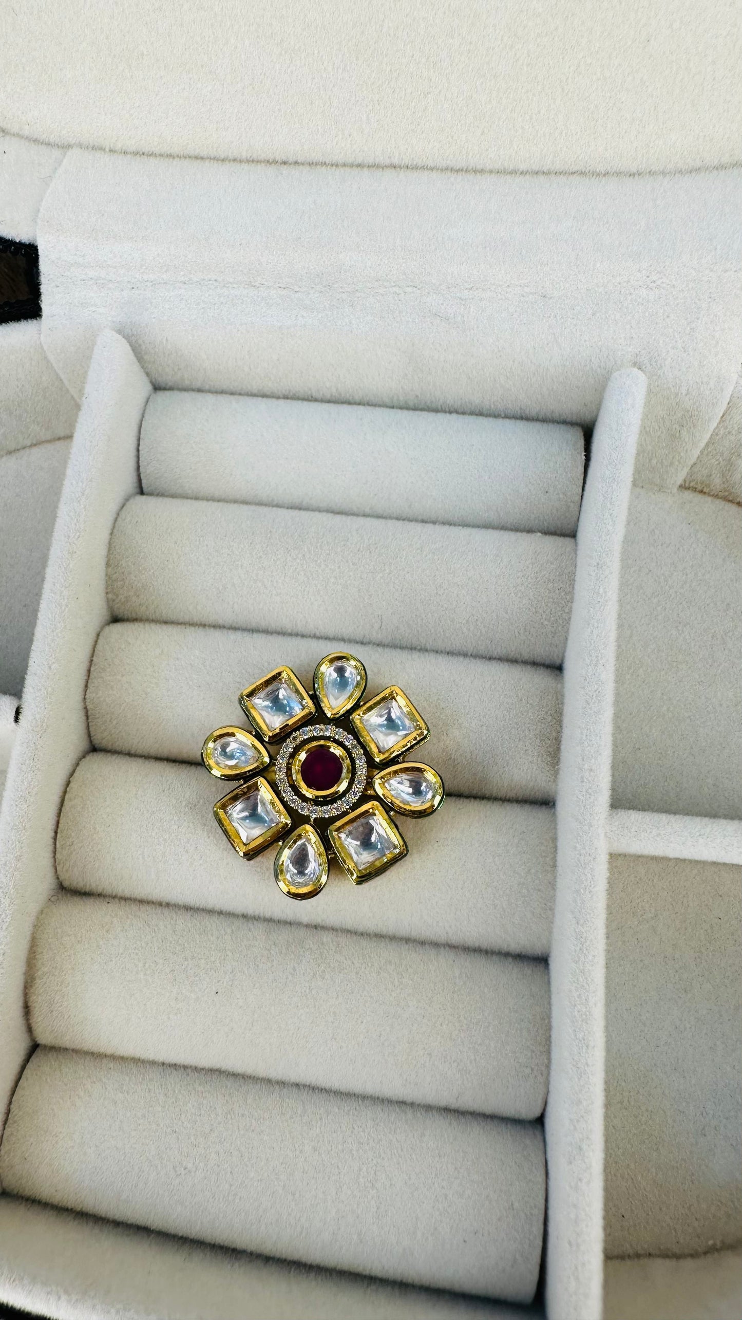 Modern ruby kundan square oval bridal ring